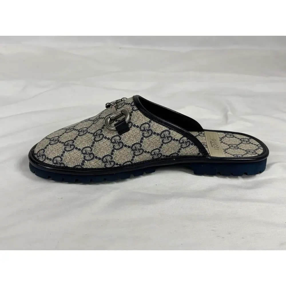 GUCCI Mule Slippers GG Navy Monogram & Silver tone Horsebit Size 5 SPB JA-368398